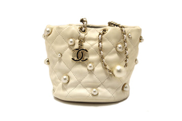 Chanel Quilted Lambskin with Pearls Mini Drawstring Bucket Bag