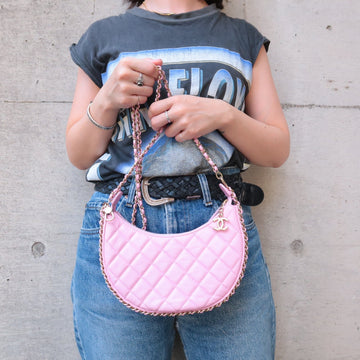 Auth Chanel Matelasse Lamb Skin Small Hobo Shoulder Bag Pink AS  F/S