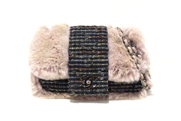 Vintage Chanel Lilac Purple Fur Blue Tweed Flap Chain Shoulder Bag