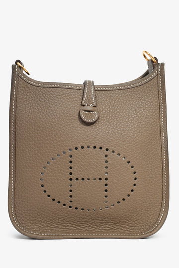 Hermès 2023 Etoupe Clemence Leather Evelyne 16 TPM Crossbody with Navy Blue Strap