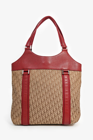 Christian Dior 2005 Vintage Brown Diorissimo Canvas/Red Leather Trim Tote Bag