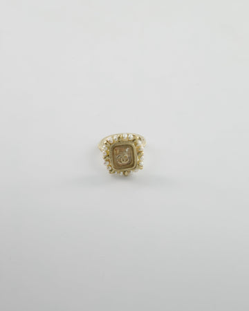 Chanel Antique Champagne Gold Square Ring with Pearl and CC Logo Detail