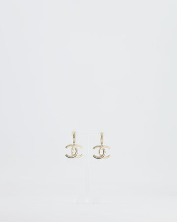 Chanel Champagne Gold CC Logo Pendant Earrings, Black and White Enamel