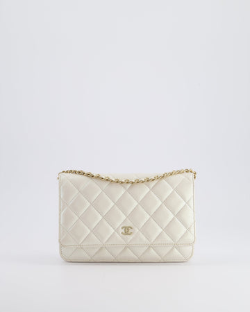 *HOT* Chanel Pearlescent Off-White Wallet on Chain Bag in Calfskin Leather with Champagne Gold Hardware