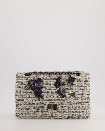 Chanel White and Black Tweed Medium Reissue Double Flap Bag with Embellished Detail and Gun-Metal Hardware RRP ¬£8,180