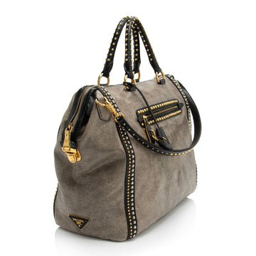 Prada Crackled Calfskin Studded Bauletto Satchel (SHF-hoMqXl)