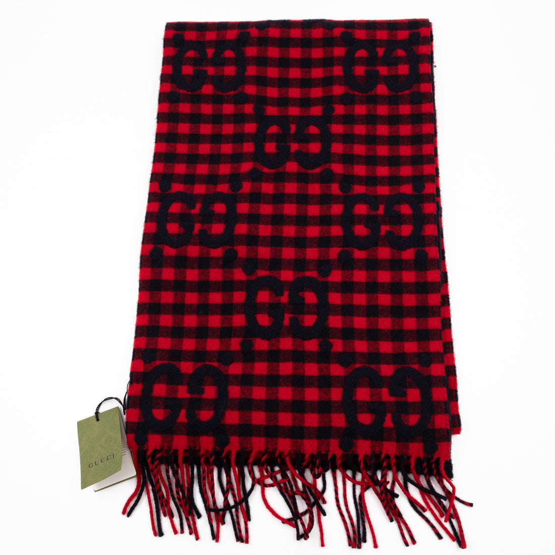 Gucci CS Plaid Tartan Wool Scarf Stole Red & Dark Blue