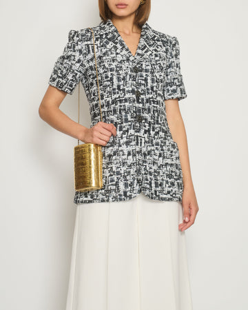Chanel 15S Navy, White and Black Metallic Thread Short-Sleeve Tweed Jacket with Silver Button Size FR 36 (UK 8) RRP ¬£3,000