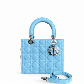 Dior Lady Medium - Cannage Lambskin Light Baby Blue Silver Hardware