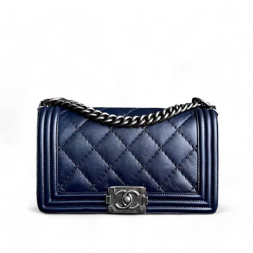 Chanel Boy Old Medium 25CM Quilted Calfskin Dark Blue RSHW No 19