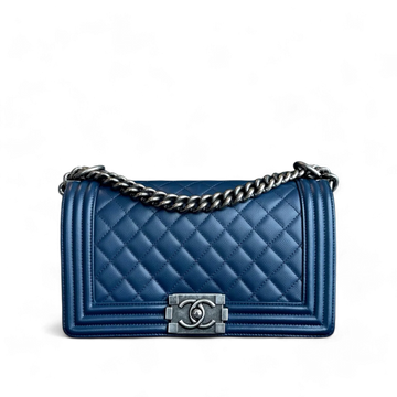 Chanel Caviar Boy Old Medium 25CM Quilted Grained Calfskin Dark Blue Leboy Ruthenium Silver Hardware Series 25