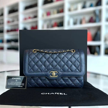 Caviar Single Flap Quilted Calfskin Navy Blue Golden Hardware Series 21