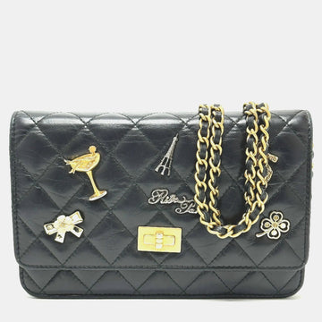 Black Aged Calfskin Quilted Lucky Charms 2.55 Reissue Wallet On Chain
