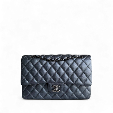 Chanel Classic Flap Medium - Caviar 25CM Quilted Grained Calfskin Iridescent Charcoal Dark Grey Gray Ruthenium Silver Hardware Series 20
