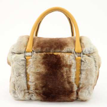 FENDI Seleria Leather Fur Mini Linda Hand Bag Brown White 8BR486 Used