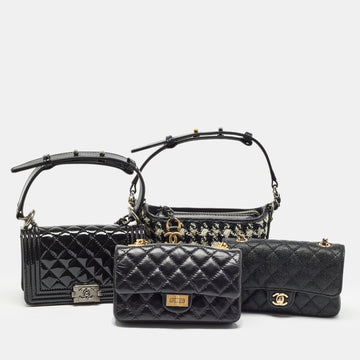 Black Quilted Leather Success Story Trunk and Set of 4 Mini Bags