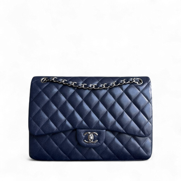 Chanel Classic Flap Jumbo - Caviar Double Flap 30CM Quilted Grained Calfskin Dark Navy Blue Silver Hardware Series 19