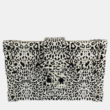 Black/White Coated Canvas Leopard Print and Fringe Strap Petite Malle Shoulder Bags