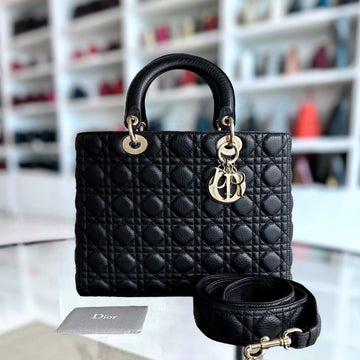 *Flap, Grained Calfskin* Lady Large Flap Grained Calfskin Cannage Black GHW