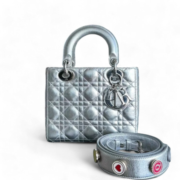 Dior Lady Small - Metallic Calfskin Limited Edition Silver ABC Badge Charm SHW