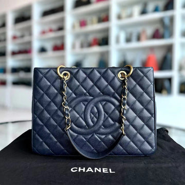 *Like New* Caviar GST Grand Shopping Tote Quilted Calfskin Dark Navy Blue Golden Hardware Series 19