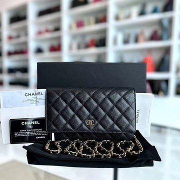 *Like New, Receipt Full Set* Caviar WOC Wallet On Chain Quilted Grained Calfskin Black Golden Hardware Series 31