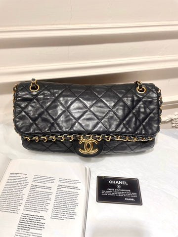 Chanel Vintage Black Gold Oil Wax Rolled Edge CF Shoulder Bag with Card