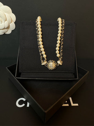 Chanel Necklace Black Gold Pearl Double-Layer Choker 21k Full Set