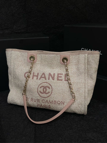 Chanel Pink Gold Knitted Beach Tote Bag with Card
