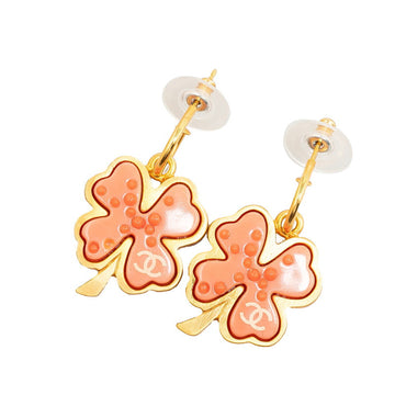 Chanel Coco Mark Clover Motif Swing Earrings Gold Pink